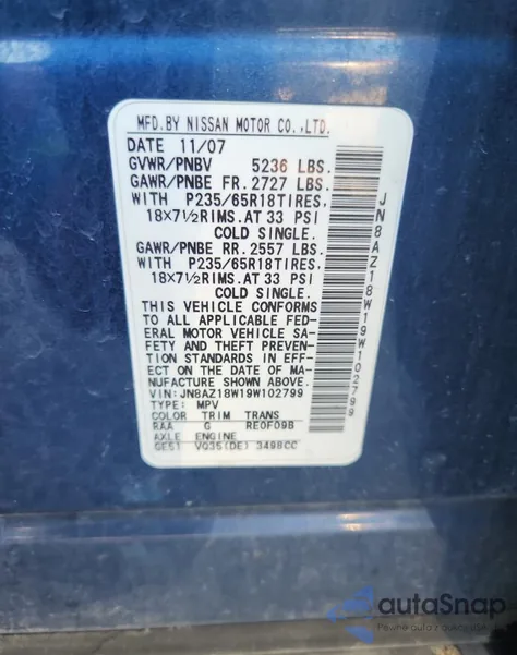 2009 Nissan Murano S from USA, damaged, VIN JN8AZ18W19W102799